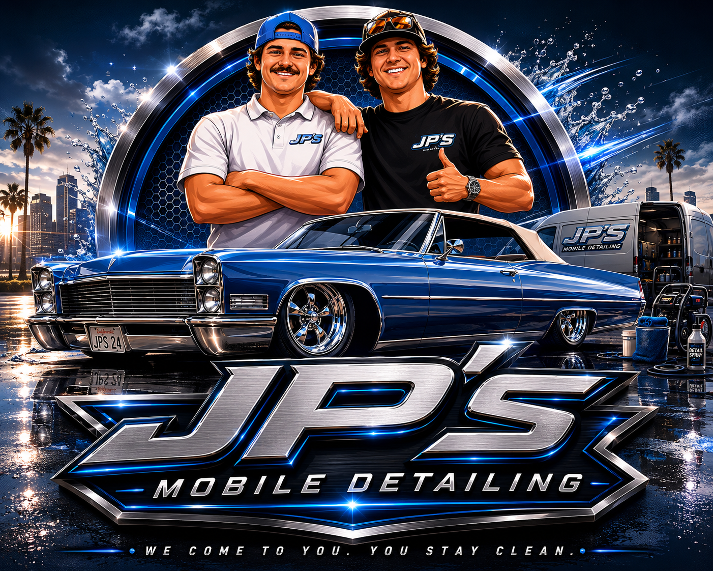 JP's Mobile Detailing — two detailers with a polished blue classic Cadillac and mobile detailing van